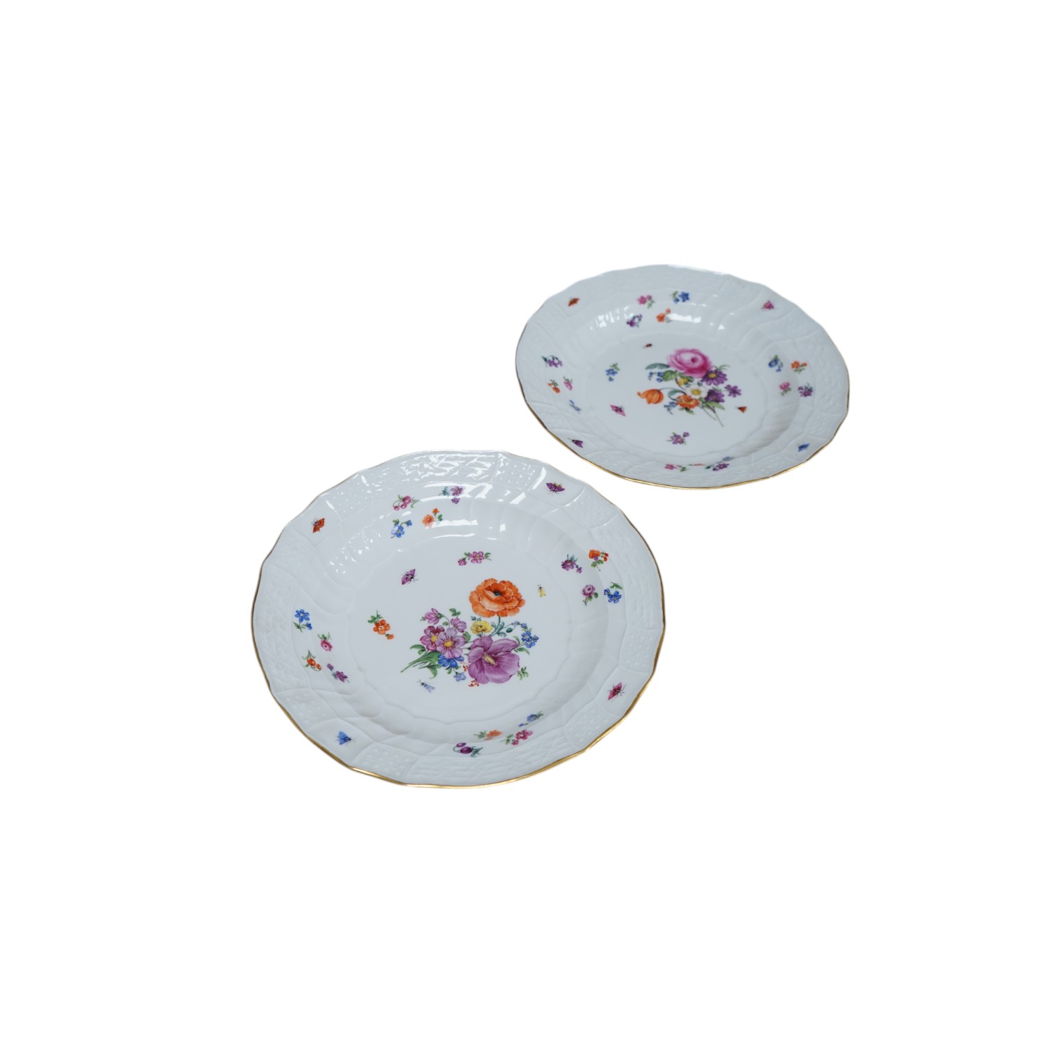 A pair of 19th century Meissen moulded and floral painted dishes, 24.5cm. Condition - good